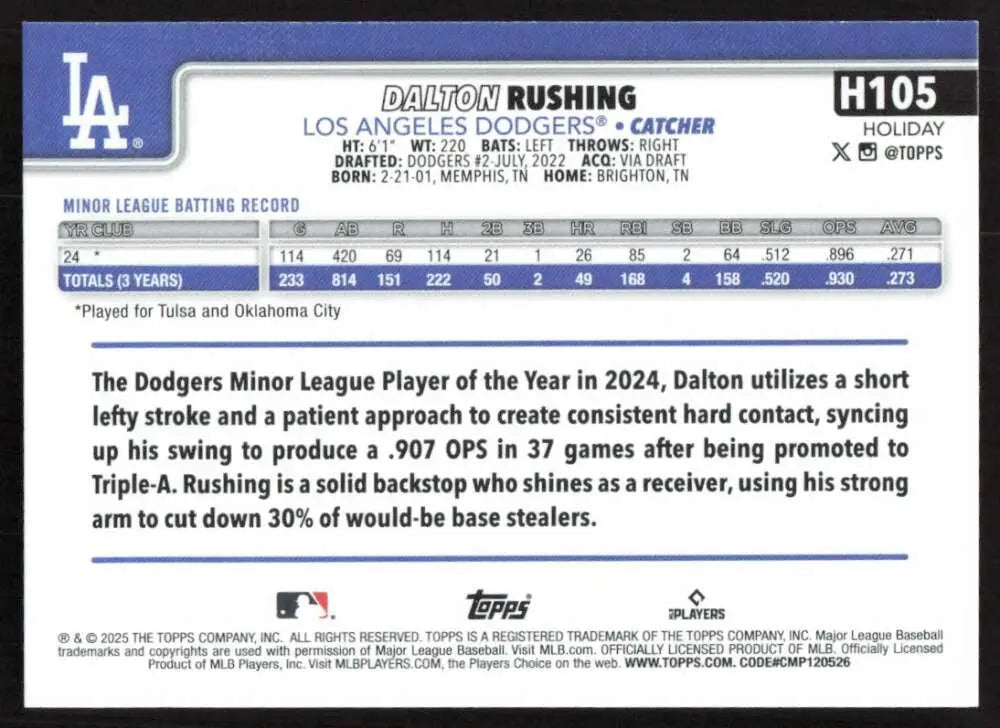 2025 Topps Holiday #H105 Dalton Rushing NM-MT RC Rookie Los Angeles Dodgers Baseball Card - Baseball Card Single