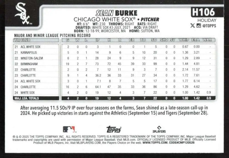 2025 Topps Holiday #H106 Sean Burke NM-MT RC Rookie Chicago White Sox Baseball Card - Baseball Card Single