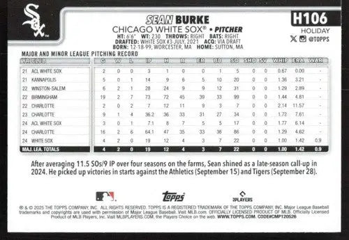 2025 Topps Holiday #H106 Sean Burke NM-MT RC Rookie White Sox ID:79918 - Baseball Card Single