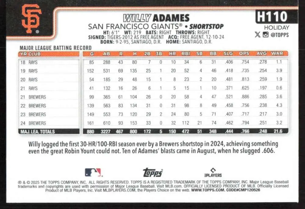 2025 Topps Holiday #H110 Willy Adames NM-MT San Francisco Giants Baseball Card - Baseball Card Single