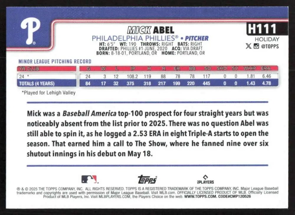 2025 Topps Holiday #H111 Mick Abel NM-MT RC Rookie Philadelphia Phillies Baseball Card - Baseball Card Single