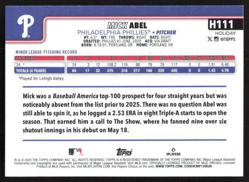 2025 Topps Holiday #H111 Mick Abel NM-MT RC Rookie Philadelphia Phillies Baseball Card - Baseball Card Single