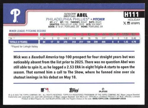 2025 Topps Holiday #H111 Mick Abel NM-MT RC Rookie Phillies ID:80578 - Baseball Card Single