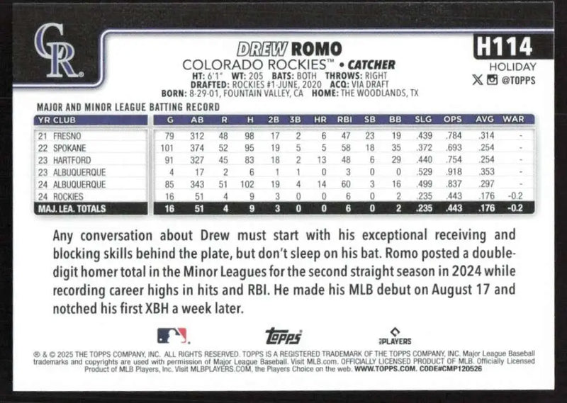 2025 Topps Holiday #H114 Drew Romo NM-MT RC Rookie Colorado Rockies Baseball Card - Baseball Card Single