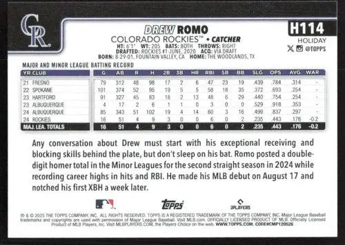 2025 Topps Holiday #H114 Drew Romo NM-MT RC Rookie Rockies ID:79924 - Baseball Card Single