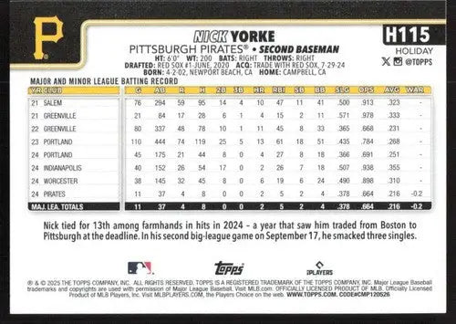 2025 Topps Holiday #H115 Nick Yorke NM-MT RC Rookie Pirates ID:80579 - Baseball Card Single