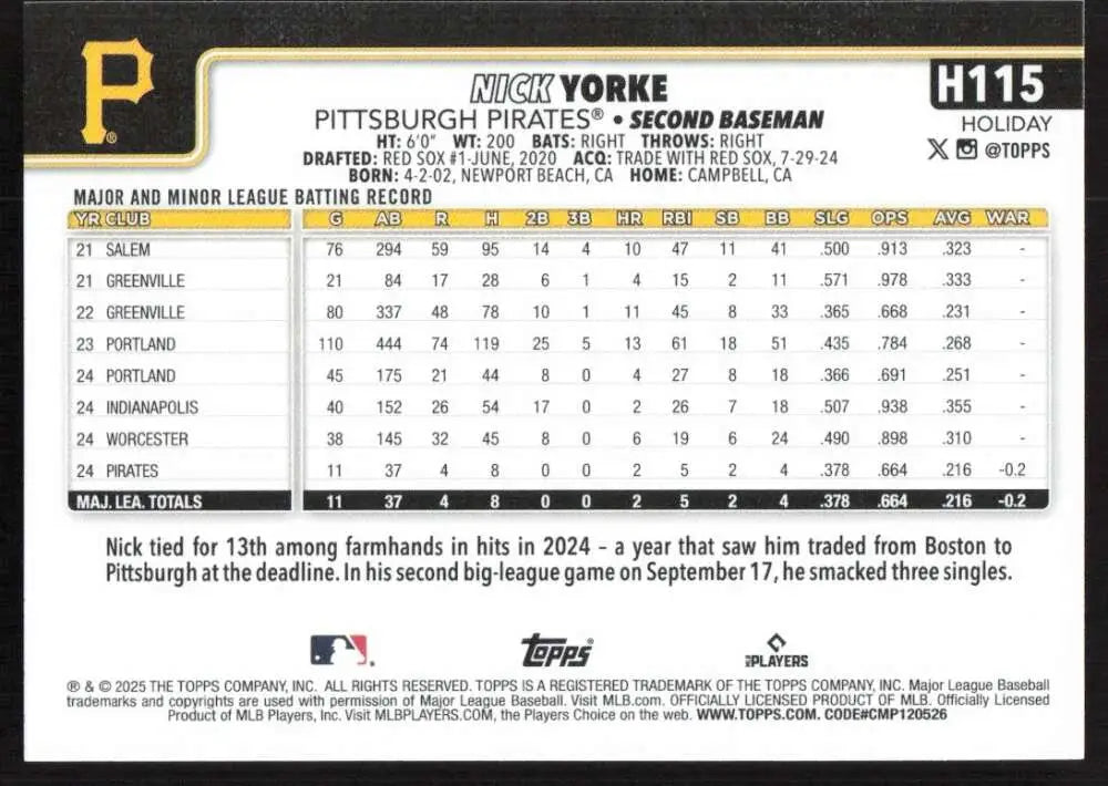 2025 Topps Holiday #H115 Nick Yorke NM-MT RC Rookie Pittsburgh Pirates Baseball Card - Baseball Card Single