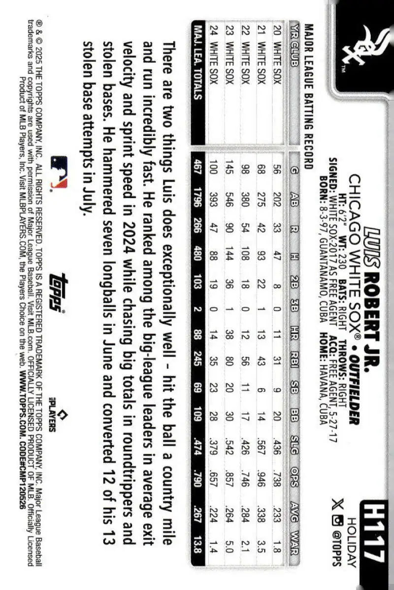 2025 Topps Holiday #H117 Luis Robert Jr. NM-MT Chicago White Sox Baseball Card - Baseball Card Single