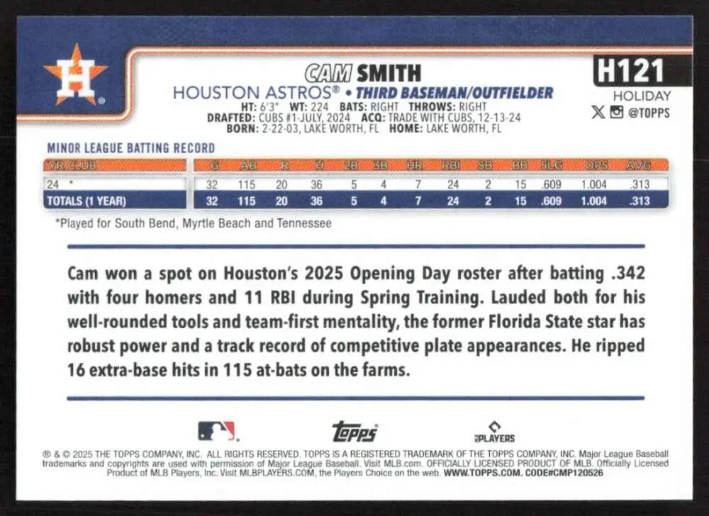 2025 Topps Holiday #H121 Cam Smith NM-MT RC Rookie Houston Astros Baseball Card - Baseball Card Single