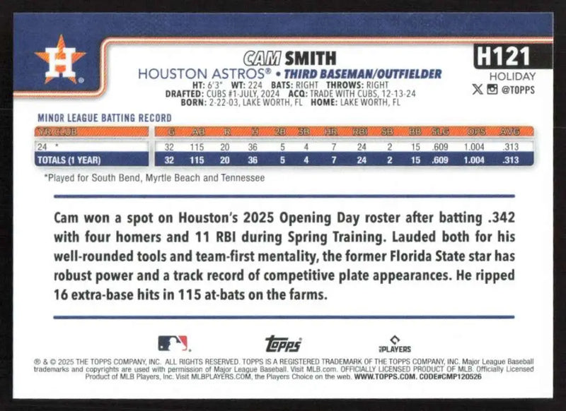 2025 Topps Holiday #H121 Cam Smith NM-MT RC Rookie Houston Astros Baseball Card - Baseball Card Single