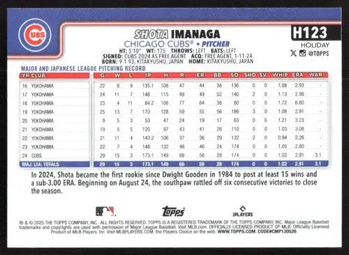 2025 Topps Holiday #H123 Shota Imanaga NM-MT Cubs ID:80582 - Baseball Card Single