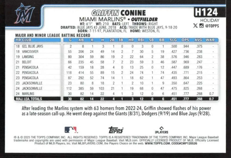 2025 Topps Holiday #H124 Griffin Conine NM-MT RC Rookie Miami Marlins Baseball Card - Baseball Card Single