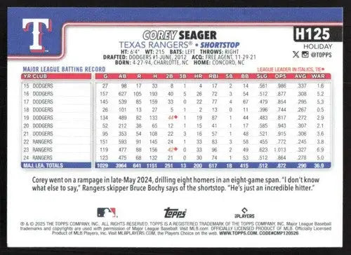 2025 Topps Holiday #H125 Corey Seager NM-MT Rangers ID:80583 - Baseball Card Single