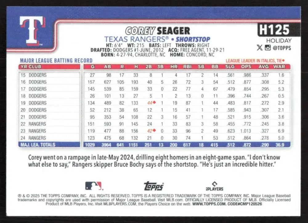 2025 Topps Holiday #H125 Corey Seager NM-MT Texas Rangers Baseball Card - Baseball Card Single