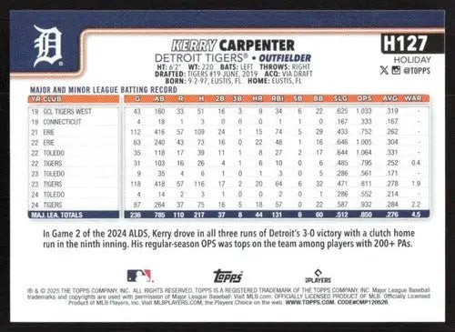 2025 Topps Holiday #H127 Kerry Carpenter NM-MT Tigers ID:79933 - Baseball Card Single