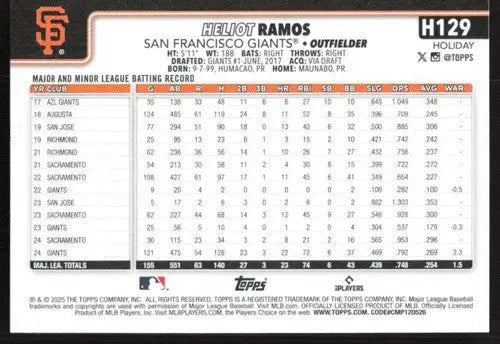 2025 Topps Holiday #H129 Heliot Ramos NM-MT Giants ID:80584 - Baseball Card Single