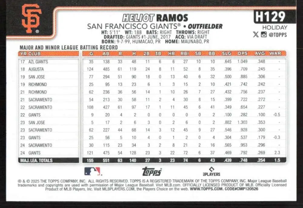 2025 Topps Holiday #H129 Heliot Ramos NM-MT San Francisco Giants Baseball Card - Baseball Card Single