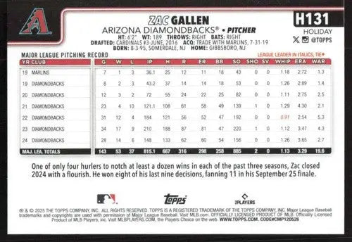 2025 Topps Holiday #H131 Zac Gallen NM-MT Diamondbacks ID:80585 - Baseball Card Single