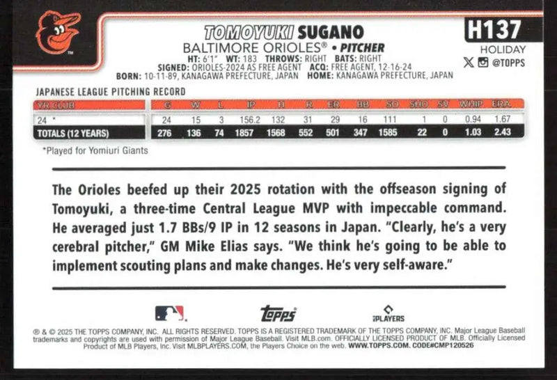 2025 Topps Holiday #H137 Tomoyuki Sugano NM-MT RC Rookie Baltimore Orioles Baseball Card - Baseball Card Single