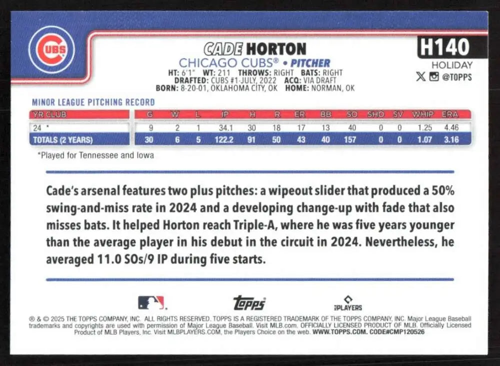 2025 Topps Holiday #H140 Cade Horton NM-MT RC Rookie Chicago Cubs Baseball Card - Baseball Card Single