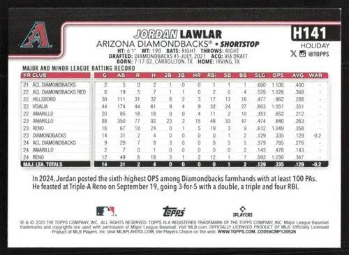 2025 Topps Holiday #H141 Jordan Lawlar NM-MT Diamondbacks ID:79942 - Baseball Card Single