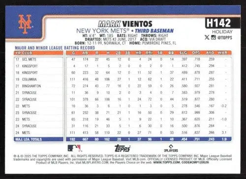 2025 Topps Holiday #H142 Mark Vientos NM-MT Mets ID:79943 - Baseball Card Single