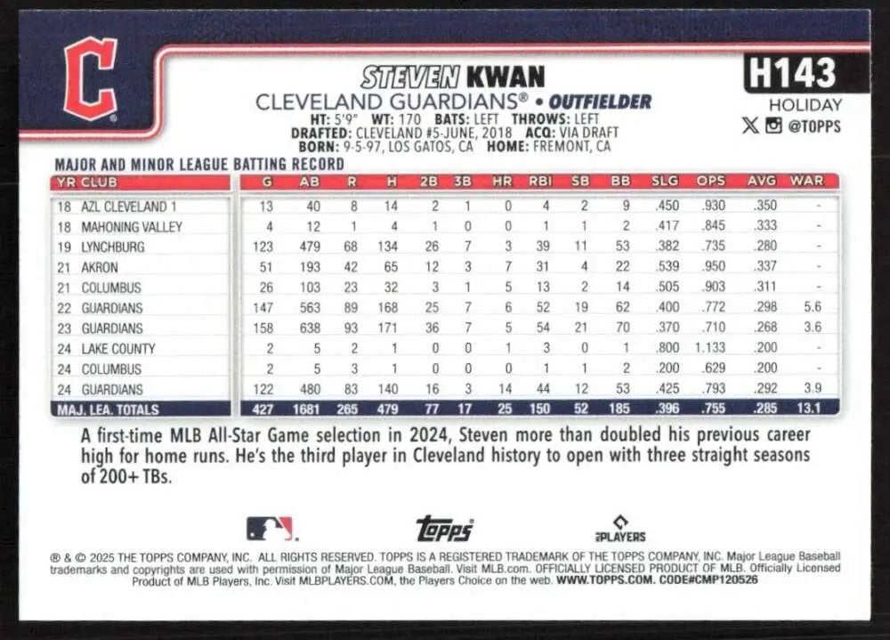 2025 Topps Holiday #H143 Steven Kwan NM-MT Cleveland Guardians Baseball Card - Baseball Card Single