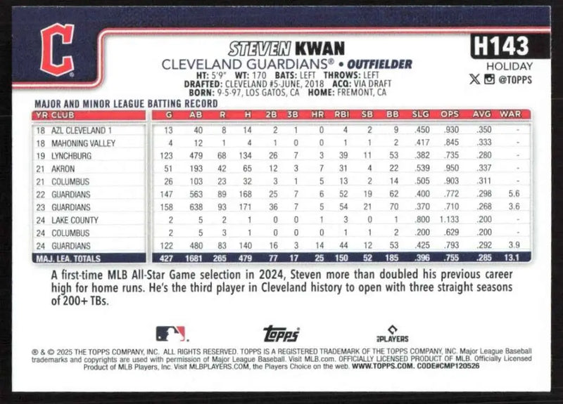 2025 Topps Holiday #H143 Steven Kwan NM-MT Cleveland Guardians Baseball Card - Baseball Card Single