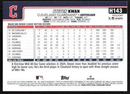 2025 Topps Holiday #H143 Steven Kwan NM-MT Guardians ID:79944 - Baseball Card Single