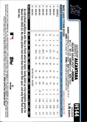 2025 Topps Holiday #H144 Sandy Alcantara NM-MT Marlins ID:79945 - Baseball Card Single