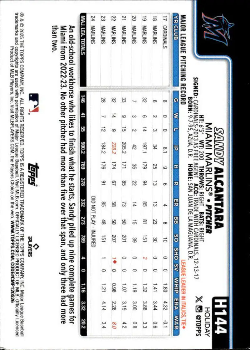 2025 Topps Holiday #H144 Sandy Alcantara NM-MT Miami Marlins Baseball Card - Baseball Card Single