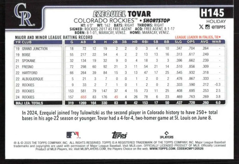 2025 Topps Holiday #H145 Ezequiel Tovar NM-MT Colorado Rockies Baseball Card - Baseball Card Single