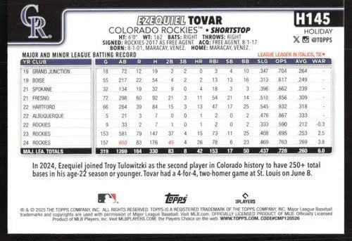 2025 Topps Holiday #H145 Ezequiel Tovar NM-MT Rockies ID:80588 - Baseball Card Single