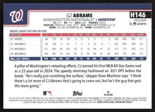 2025 Topps Holiday #H146 CJ Abrams NM-MT Nationals ID:79946 - Baseball Card Single