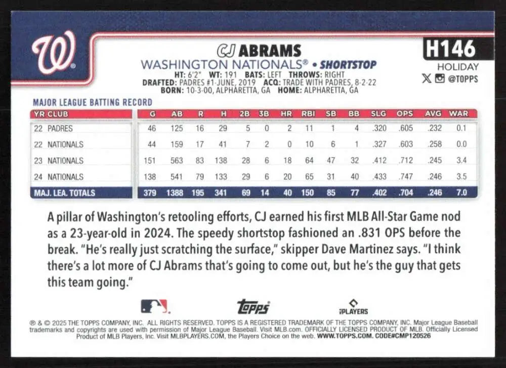 2025 Topps Holiday #H146 CJ Abrams NM-MT Washington Nationals Baseball Card - Baseball Card Single