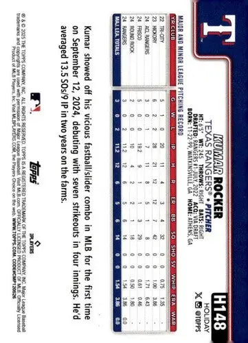 2025 Topps Holiday #H148 Kumar Rocker NM-MT RC Rookie Rangers ID:79958 - Baseball Card Single