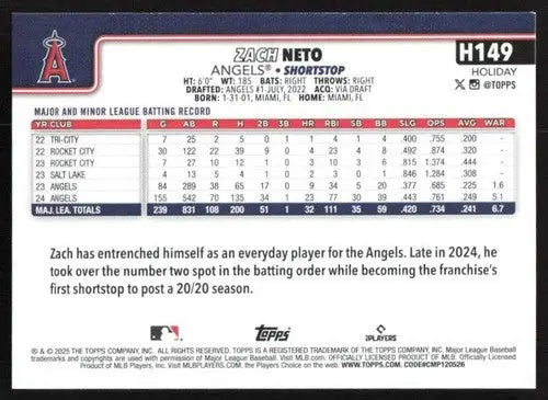 2025 Topps Holiday #H149 Zach Neto NM-MT Angels ID:80590 - Baseball Card Single