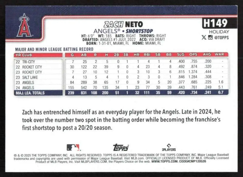 2025 Topps Holiday #H149 Zach Neto NM-MT Los Angeles Angels Baseball Card - Baseball Card Single
