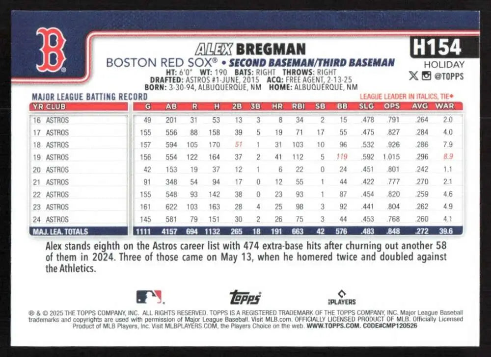 2025 Topps Holiday #H154 Alex Bregman NM-MT Boston Red Sox Baseball Card - Baseball Card Single