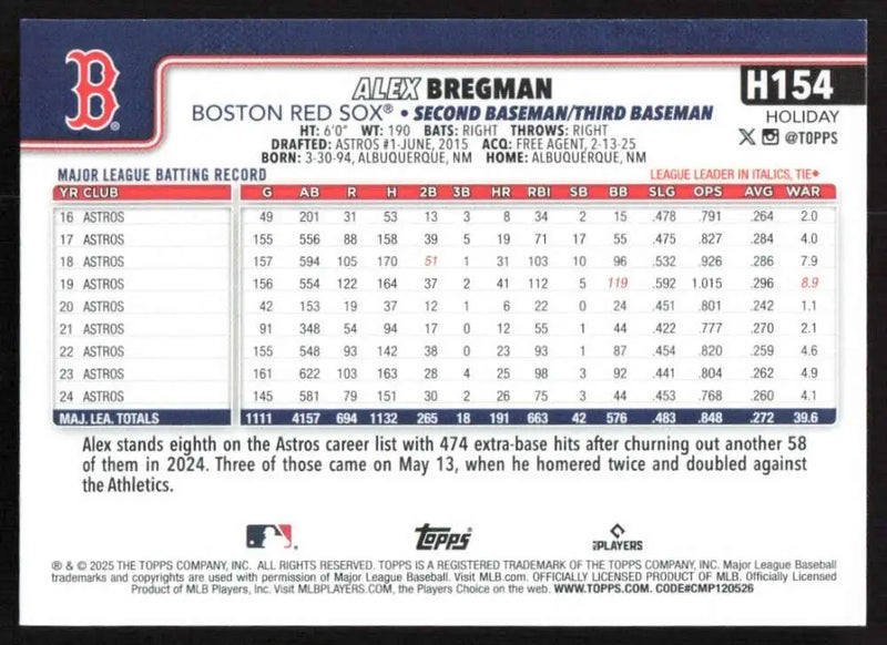 2025 Topps Holiday #H154 Alex Bregman NM-MT Boston Red Sox Baseball Card - Baseball Card Single