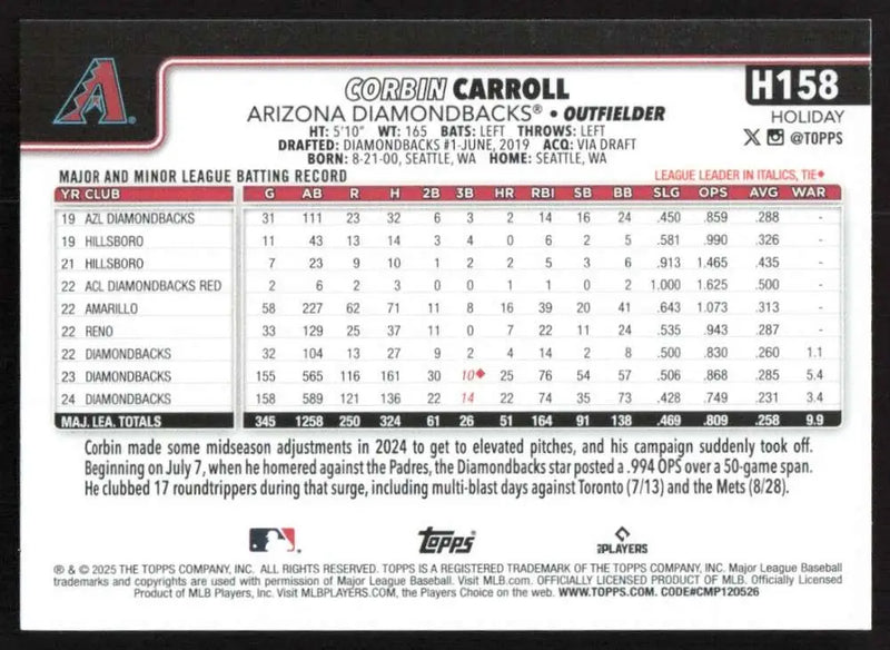2025 Topps Holiday #H158 Corbin Carroll NM-MT Arizona Diamondbacks Baseball Card - Baseball Card Single