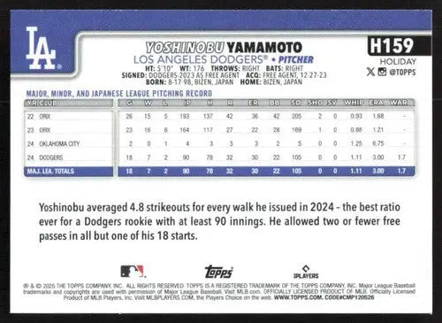 2025 Topps Holiday #H159 Yoshinobu Yamamoto NM-MT Dodgers ID:79966 - Baseball Card Single