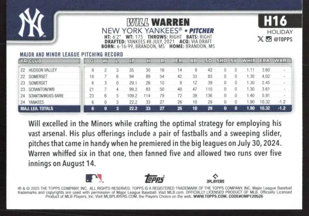 2025 Topps Holiday #H16 Will Warren NM-MT RC Rookie New York Yankees Baseball Card - Baseball Card Single