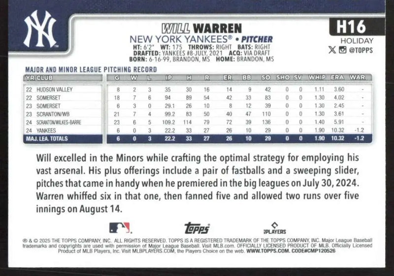 2025 Topps Holiday #H16 Will Warren NM-MT RC Rookie New York Yankees Baseball Card - Baseball Card Single