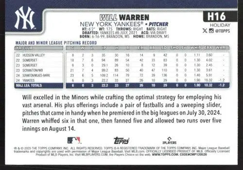 2025 Topps Holiday #H16 Will Warren NM-MT RC Rookie Yankees ID:79834 - Baseball Card Single