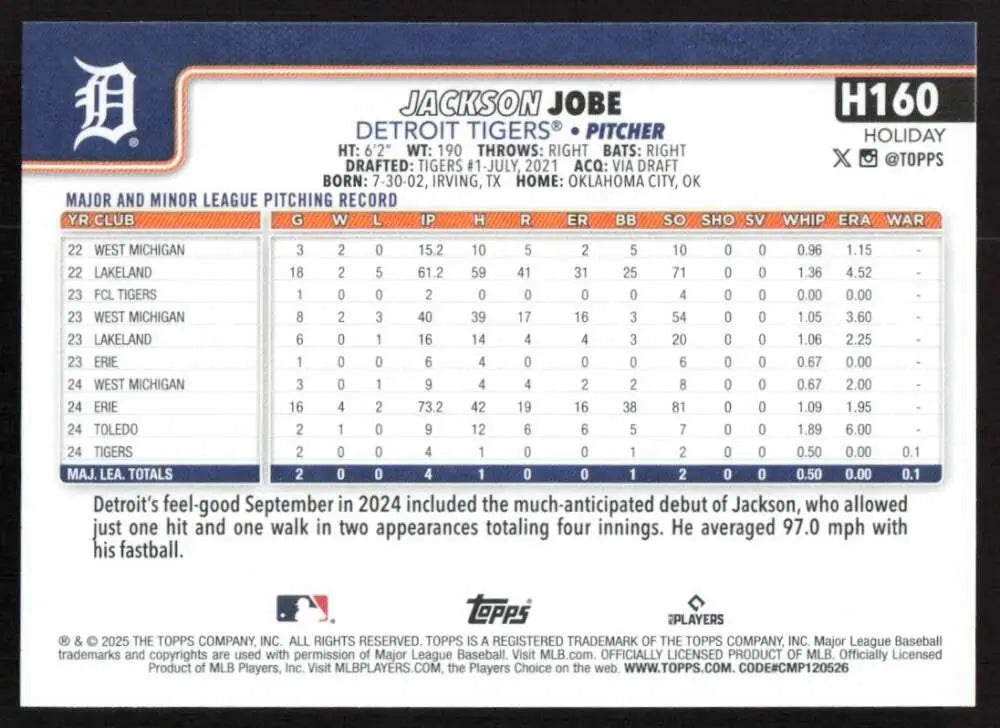 2025 Topps Holiday #H160 Jackson Jobe NM-MT RC Rookie Detroit Tigers Baseball Card - Baseball Card Single