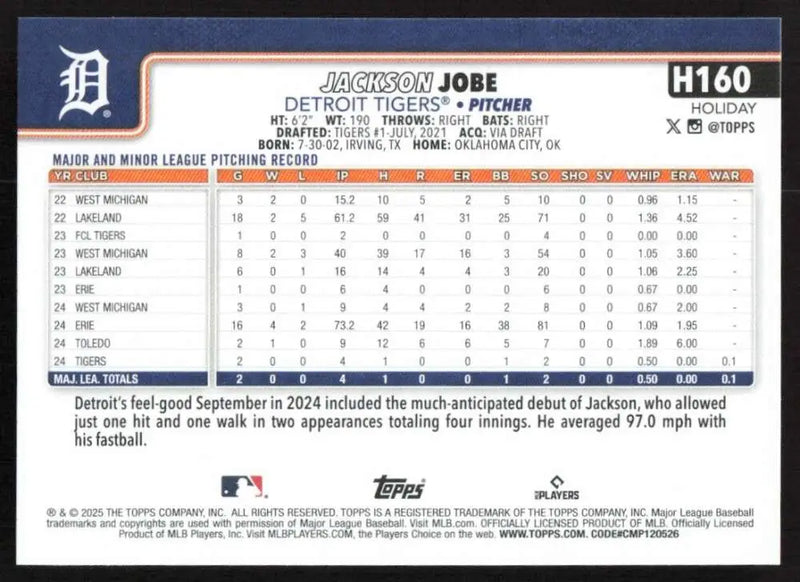 2025 Topps Holiday #H160 Jackson Jobe NM-MT RC Rookie Detroit Tigers Baseball Card - Baseball Card Single