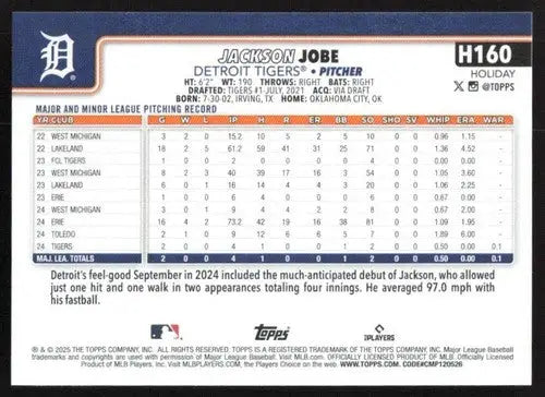 2025 Topps Holiday #H160 Jackson Jobe NM-MT RC Rookie Tigers ID:79967 - Baseball Card Single