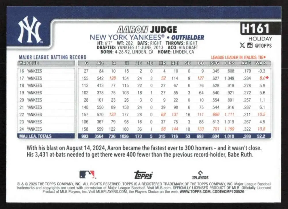 2025 Topps Holiday #H161 Aaron Judge NM-MT New York Yankees Baseball Card - Baseball Card Single