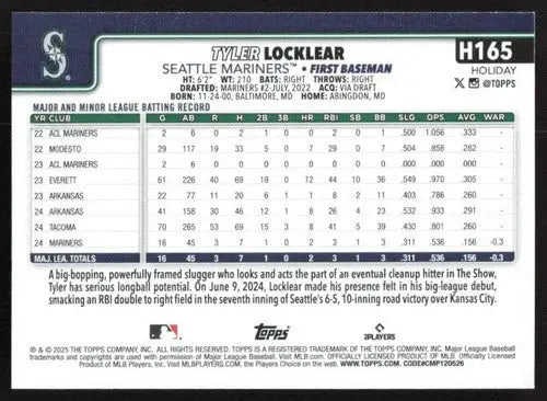 2025 Topps Holiday #H165 Tyler Locklear NM-MT RC Rookie Mariners ID:79971 - Baseball Card Single